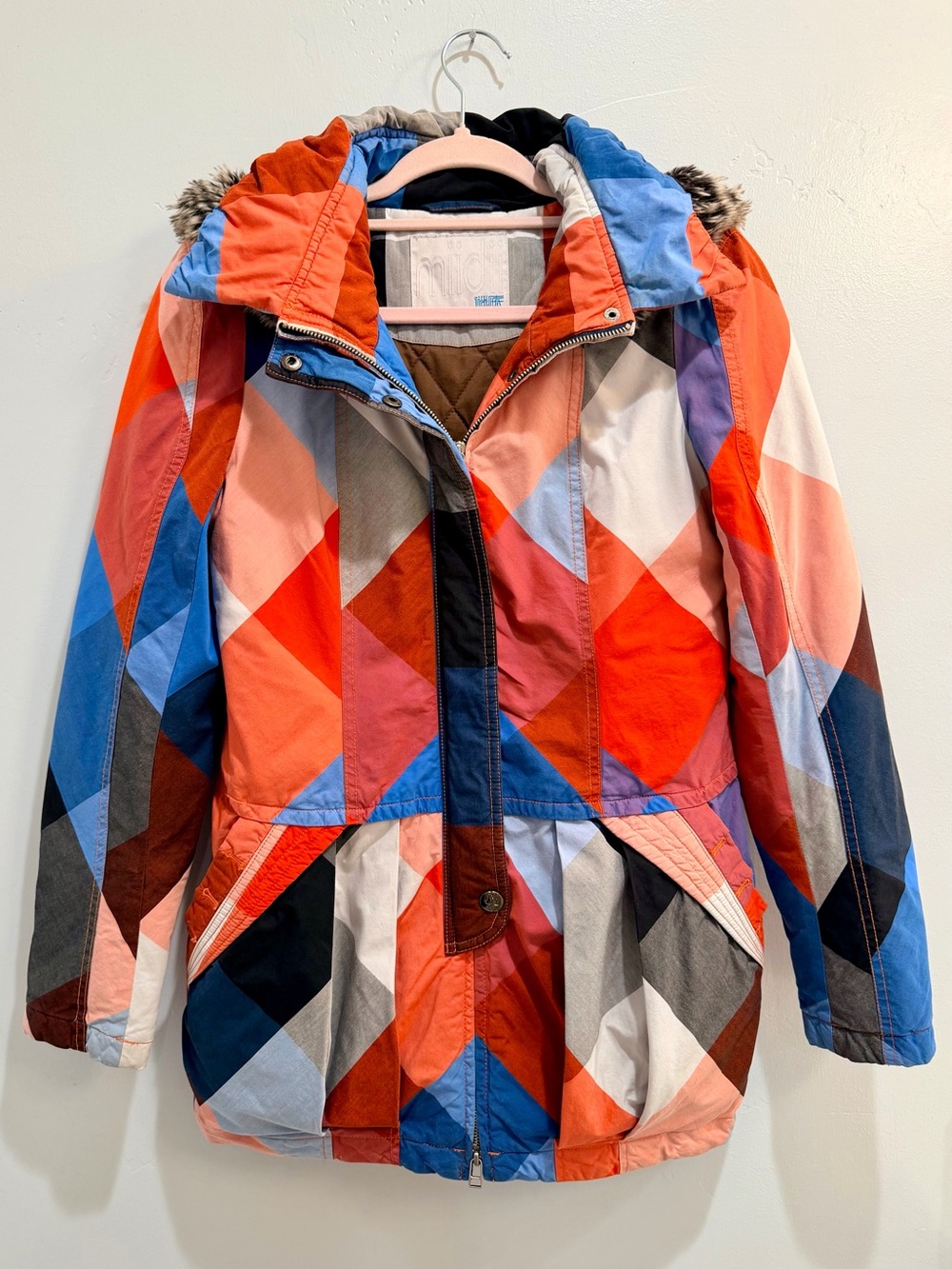 Midii Geometric Multi-Color Hooded Parka Jacket Faux Fur Trim Blue Orange Size M - Picture 4 of 16
